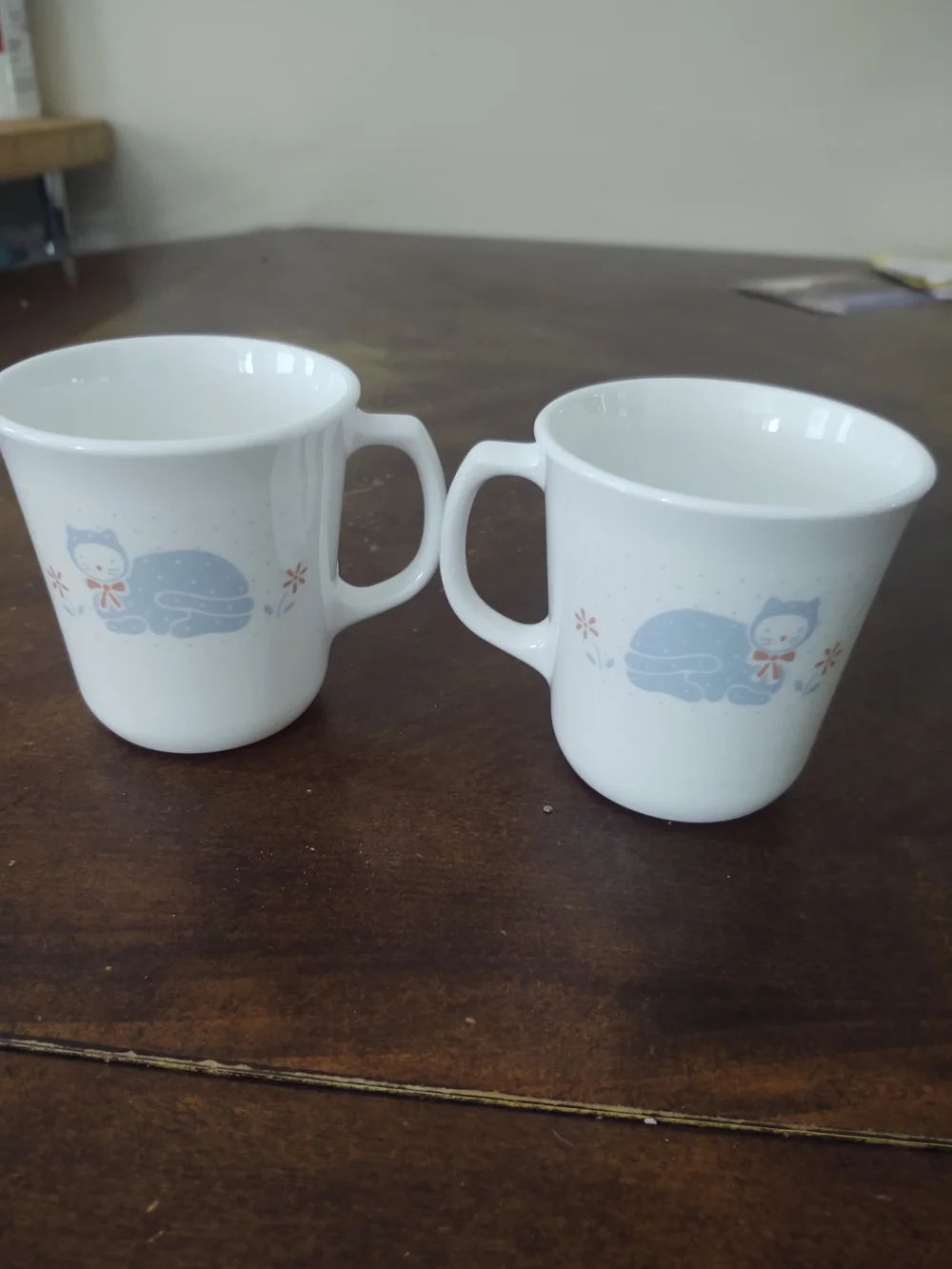 Pair Of Vintage Corningware Mugs In Country Pride Pattern with Blue Cat Motif